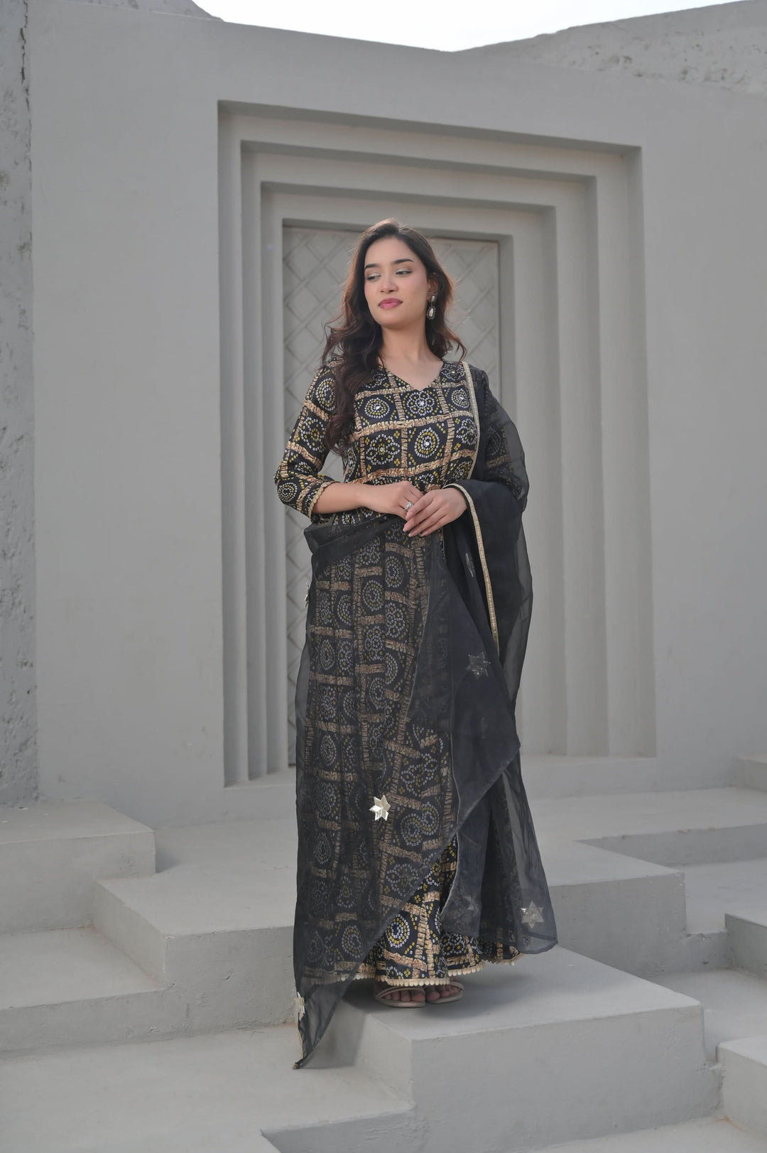 Raina Ankle Length Black Anarkali with Patola Print 3 Piece Set | Made To Order