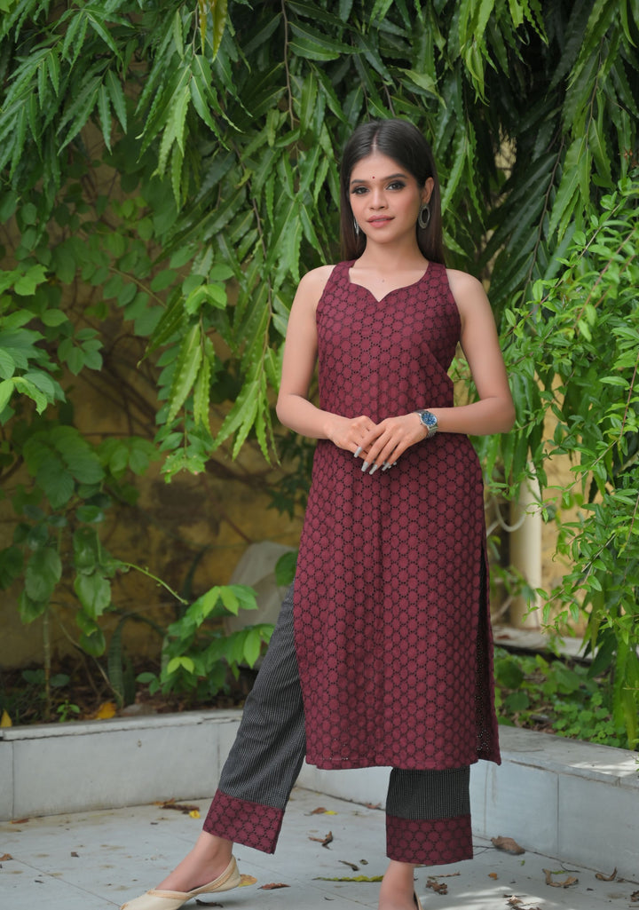 Aadhya : Maroon Hakoba and Black Cotton Kurti and Ankle Length Pant - 2 piece Indo Western Set | Made To Order