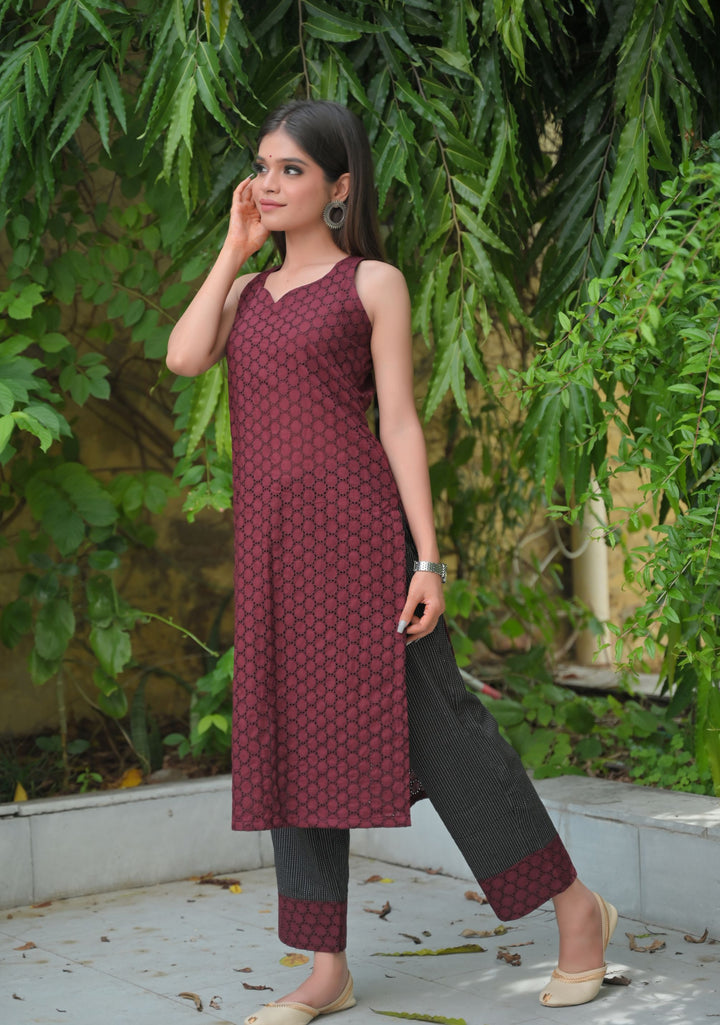 Aadhya : Maroon Hakoba and Black Cotton Kurti and Ankle Length Pant - 2 piece Indo Western Set | Made To Order