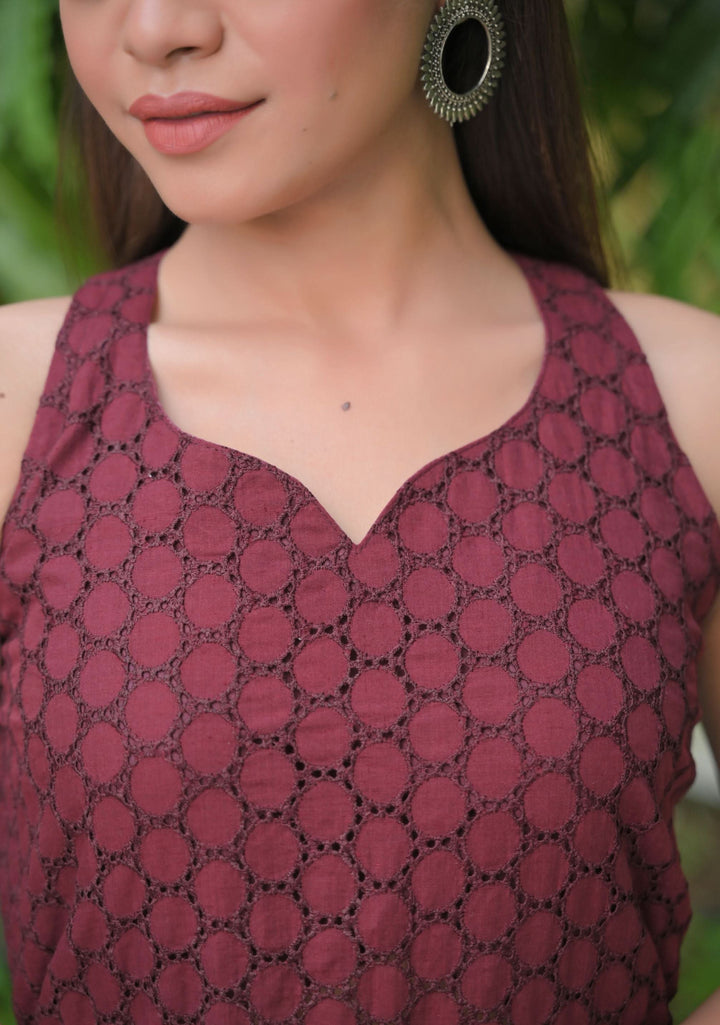 Aadhya : Maroon Hakoba and Black Cotton Kurti and Ankle Length Pant - 2 piece Indo Western Set | Made To Order