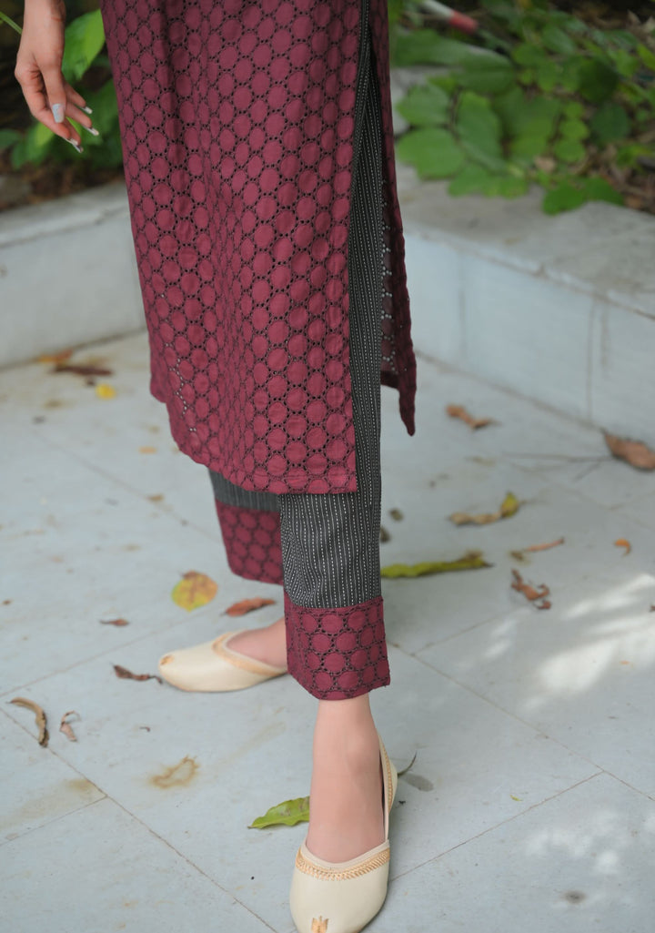 Aadhya : Maroon Hakoba and Black Cotton Kurti and Ankle Length Pant - 2 piece Indo Western Set | Made To Order