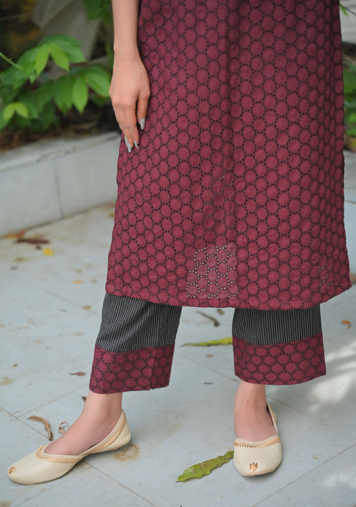 Aadhya : Maroon Hakoba and Black Cotton Kurti and Ankle Length Pant - 2 piece Indo Western Set | Made To Order