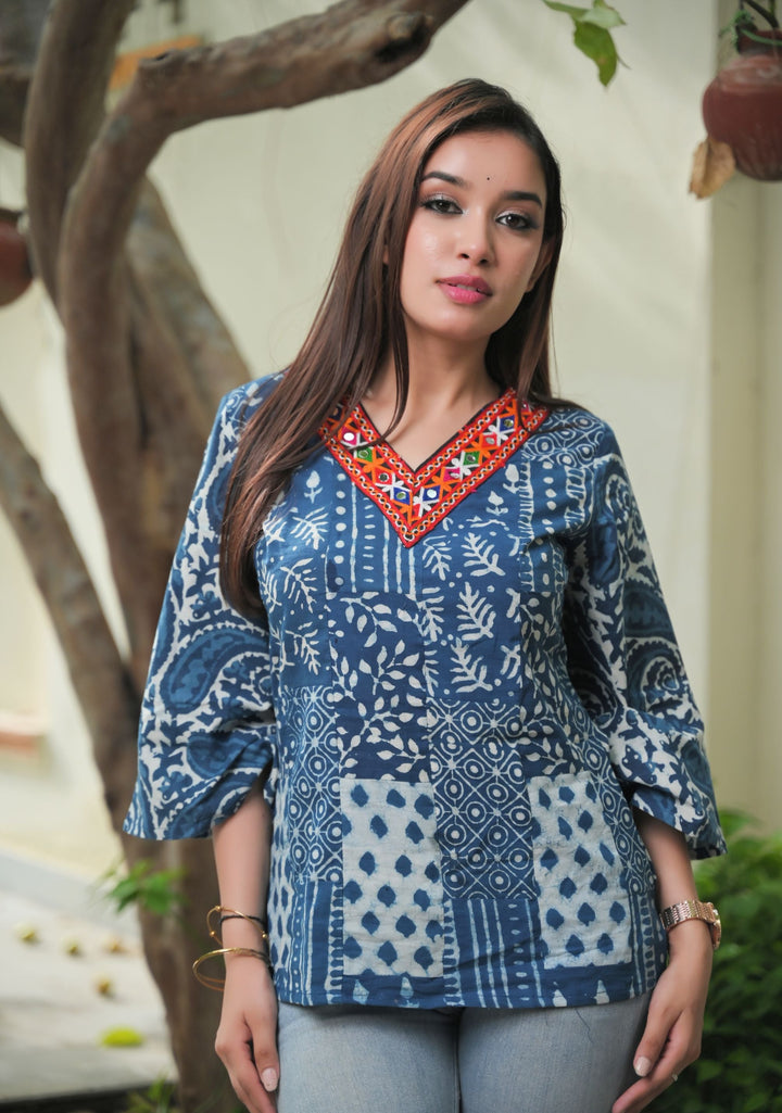 Sakshi - Patch work fabric Cotton Top with Kutchwork Lace | Made To Order