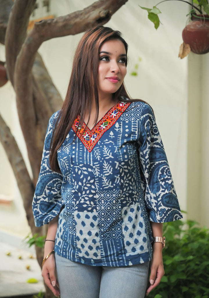 Sakshi - Patch work fabric Cotton Top with Kutchwork Lace | Made To Order