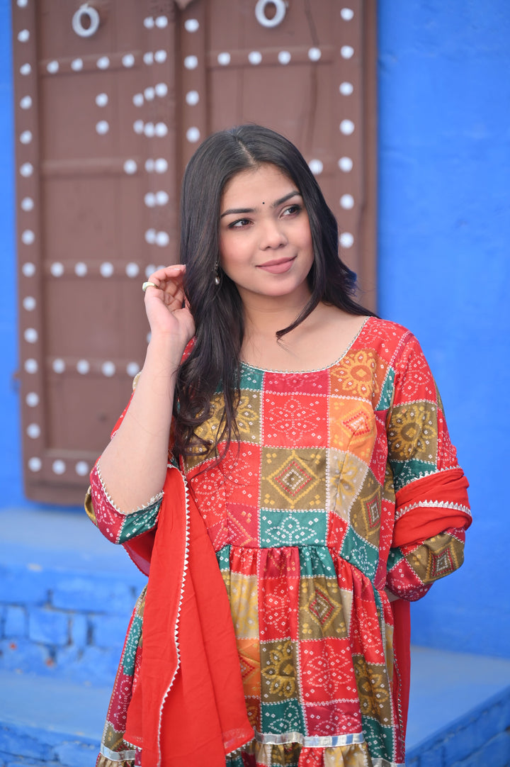 Navya Multicolor Bandhni Print Tiered Anarkali 3 PIece Set | Made To Order