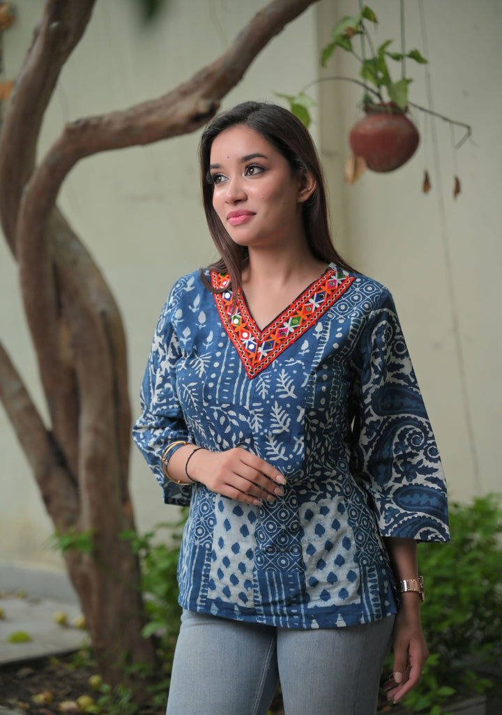 Sakshi - Patch work fabric Cotton Top with Kutchwork Lace | Made To Order