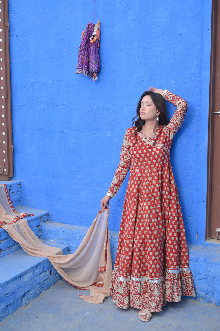 Maati Bagru Block Print Brick Red 6.5 m Flare Anarkali 3 Piece Set | Made To Order | SHOBITAM