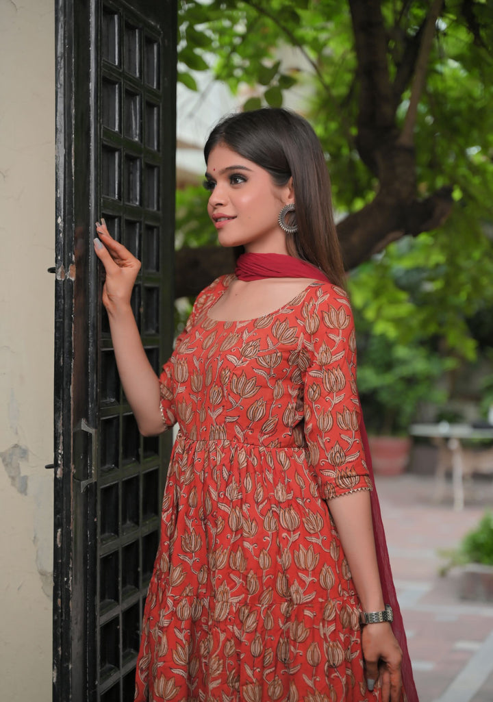 Radhika - 3 piece Tiered Anarkali in Terracotta Red Hand Block Print Mul Cotton, Leggins included | Made To Order