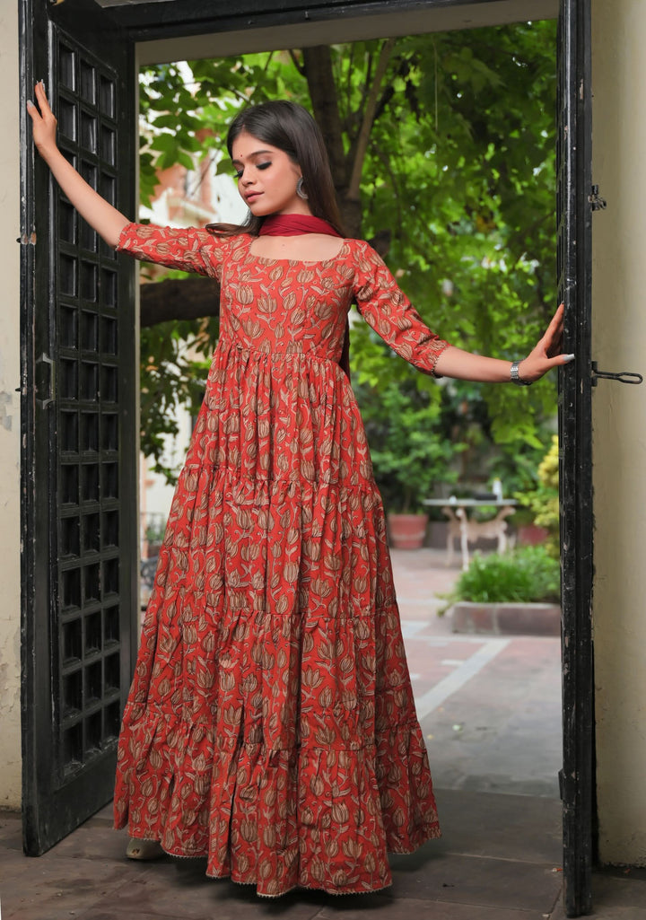 Radhika - 3 piece Tiered Anarkali in Terracotta Red Hand Block Print Mul Cotton, Leggins included | Made To Order