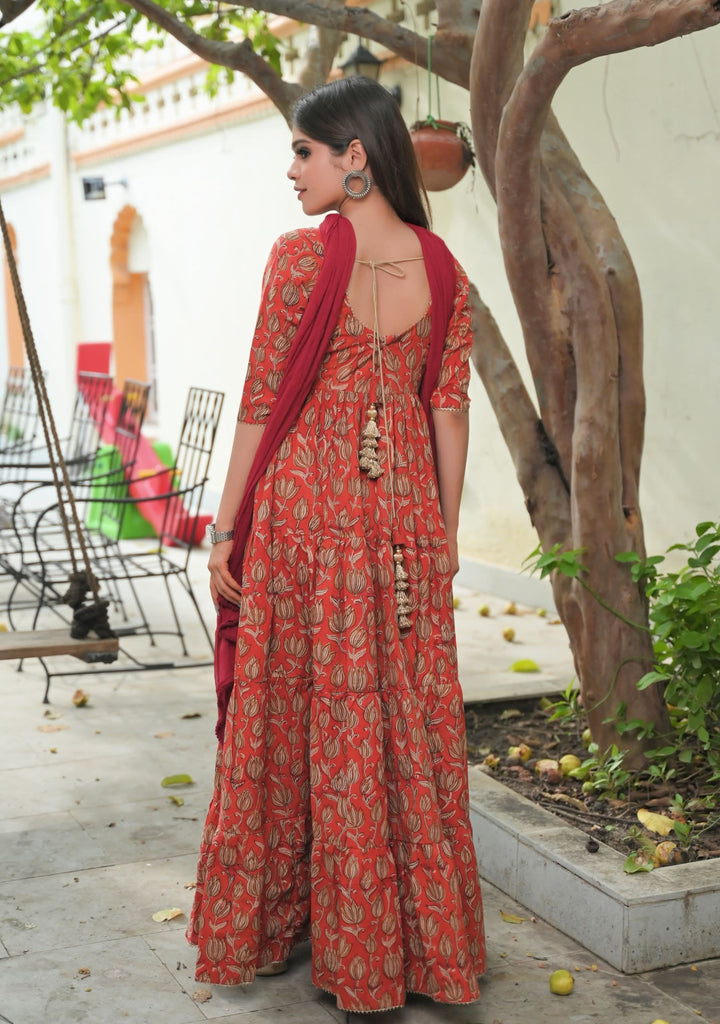 Radhika - 3 piece Tiered Anarkali in Terracotta Red Hand Block Print Mul Cotton, Leggins included | Made To Order