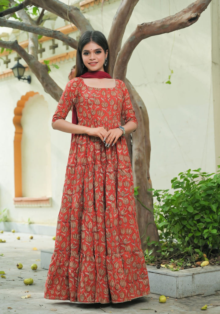 Radhika - 3 piece Tiered Anarkali in Terracotta Red Hand Block Print Mul Cotton, Leggins included | Made To Order