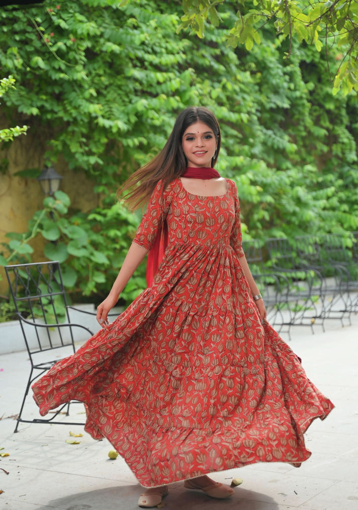 Radhika - 3 piece Tiered Anarkali in Terracotta Red Hand Block Print Mul Cotton, Leggins included | Made To Order
