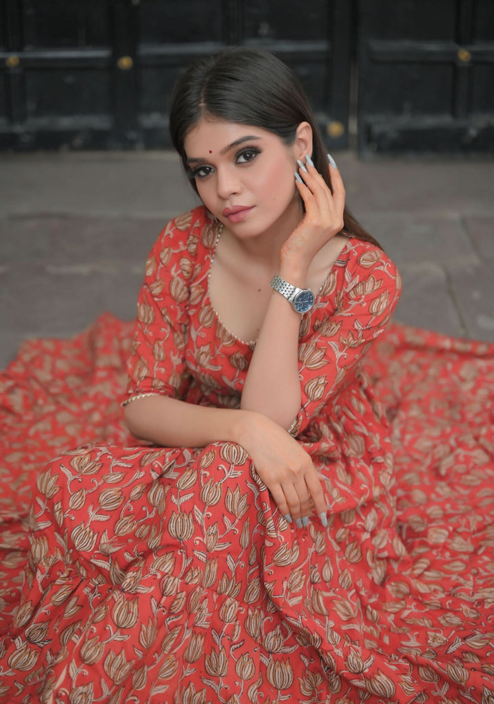 Radhika - 3 piece Tiered Anarkali in Terracotta Red Hand Block Print Mul Cotton, Leggins included | Made To Order