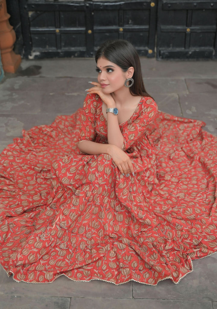 Radhika - 3 piece Tiered Anarkali in Terracotta Red Hand Block Print Mul Cotton, Leggins included | Made To Order