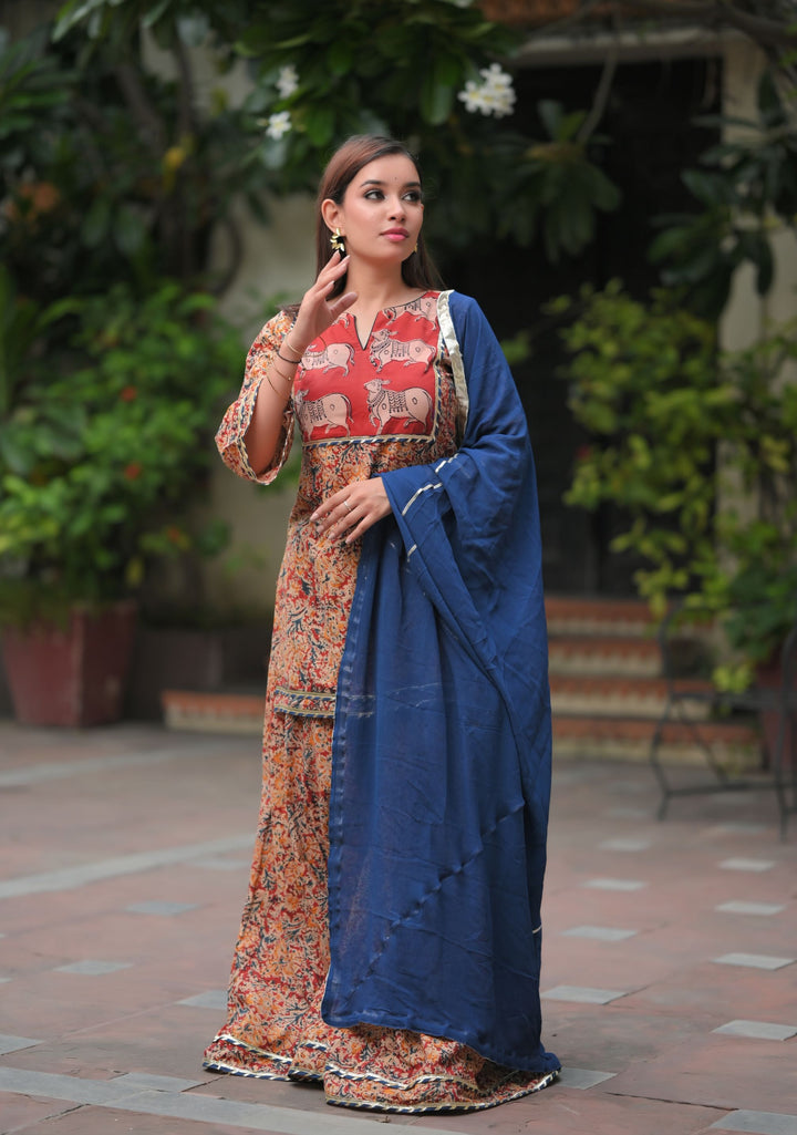 Kadambari - Kalamkari Hand block print 3 piece Sharara Set with Pichwai Hand Block Print Yoke in Brick and Navy | Made To Order