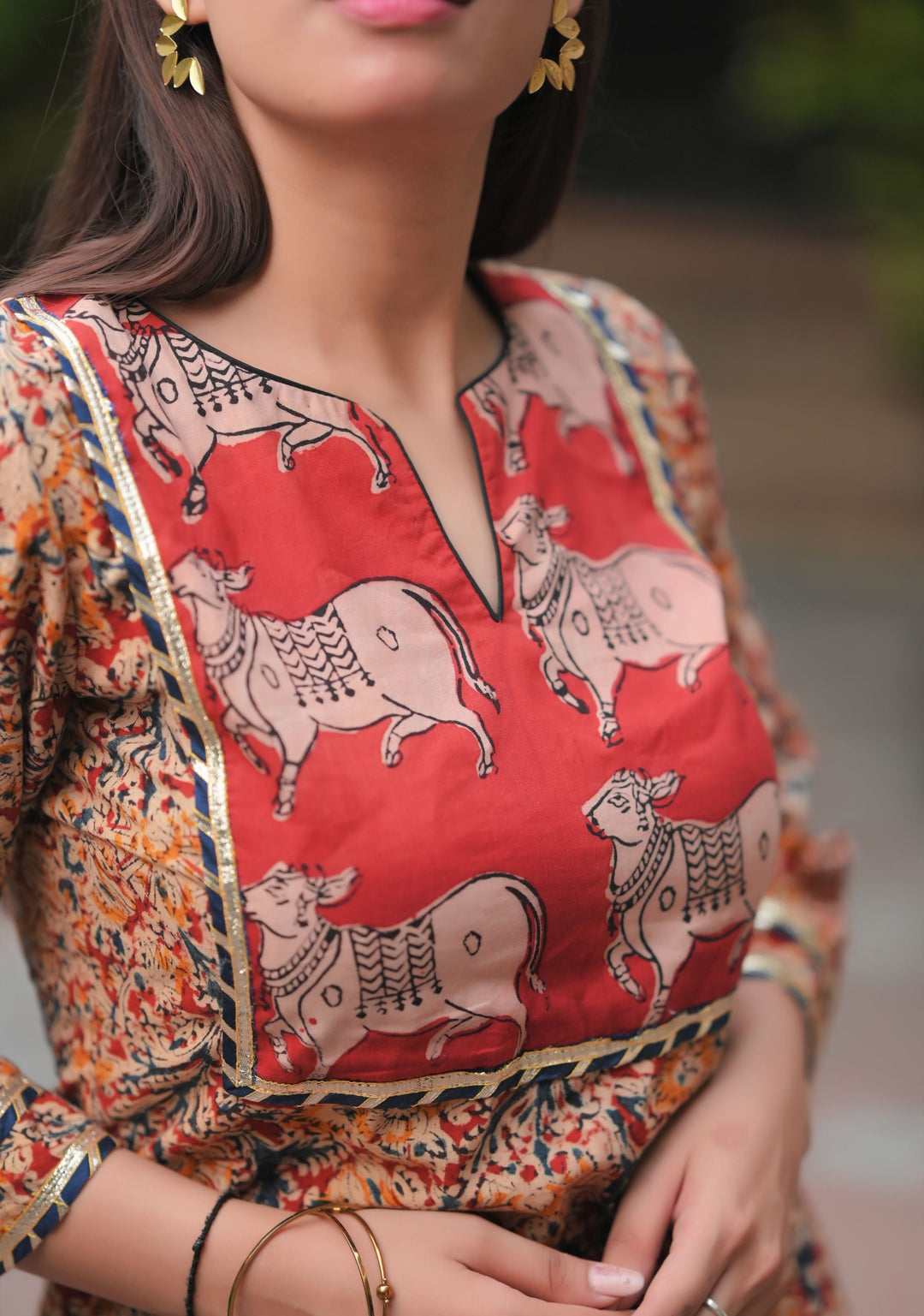 Kadambari - Kalamkari Hand block print 3 piece Sharara Set with Pichwai Hand Block Print Yoke in Brick and Navy | Made To Order