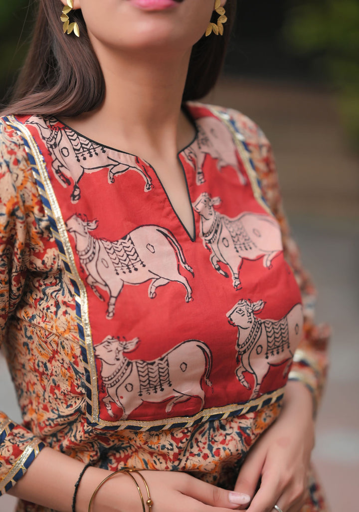 Kadambari - Kalamkari Hand block print 3 piece Sharara Set with Pichwai Hand Block Print Yoke in Brick and Navy | Made To Order