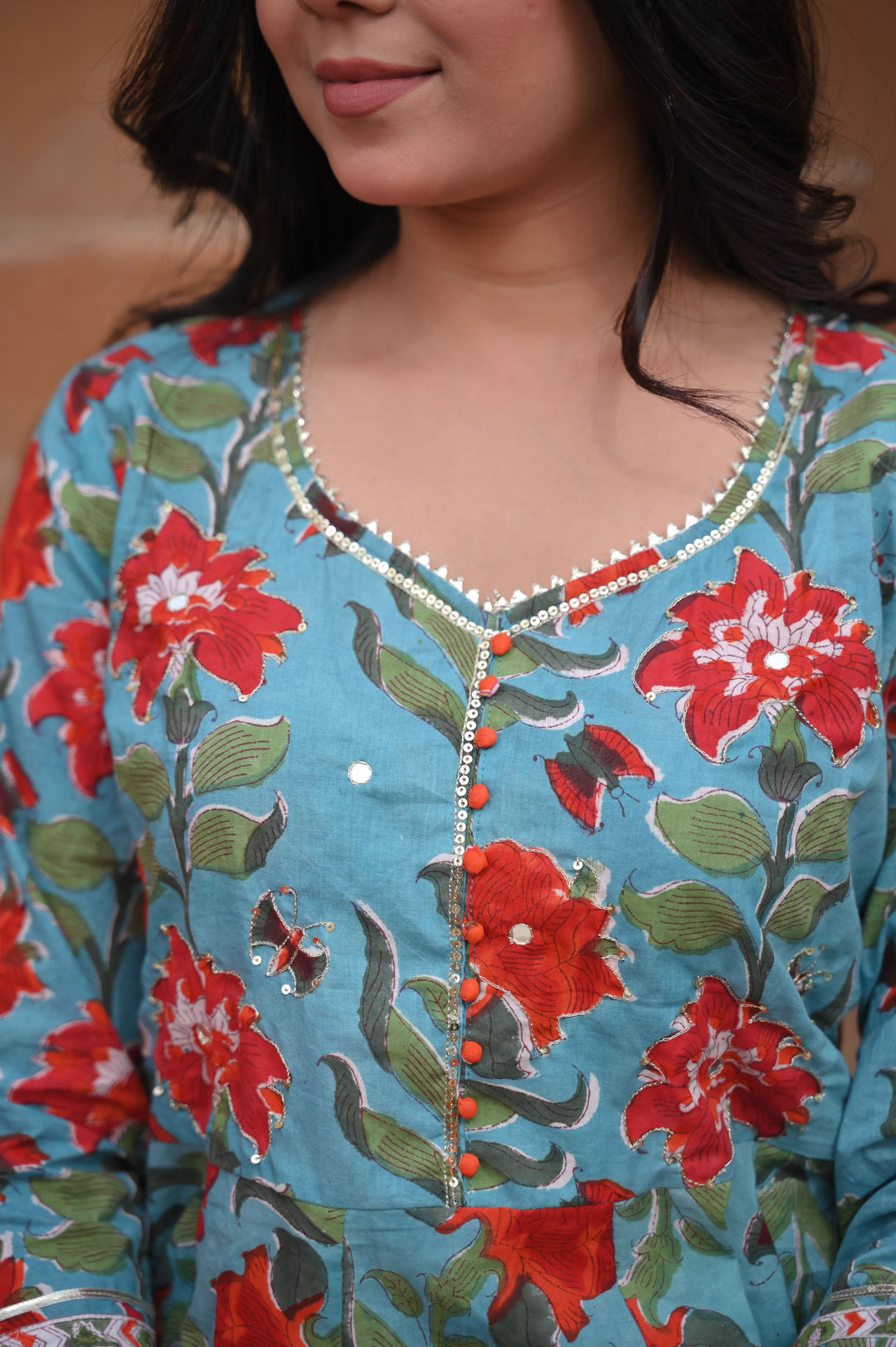 Firozi Papaya Kurti and Flair Sharara Cotton Set with Lace detailing border 3 PIece Set | Made To Order