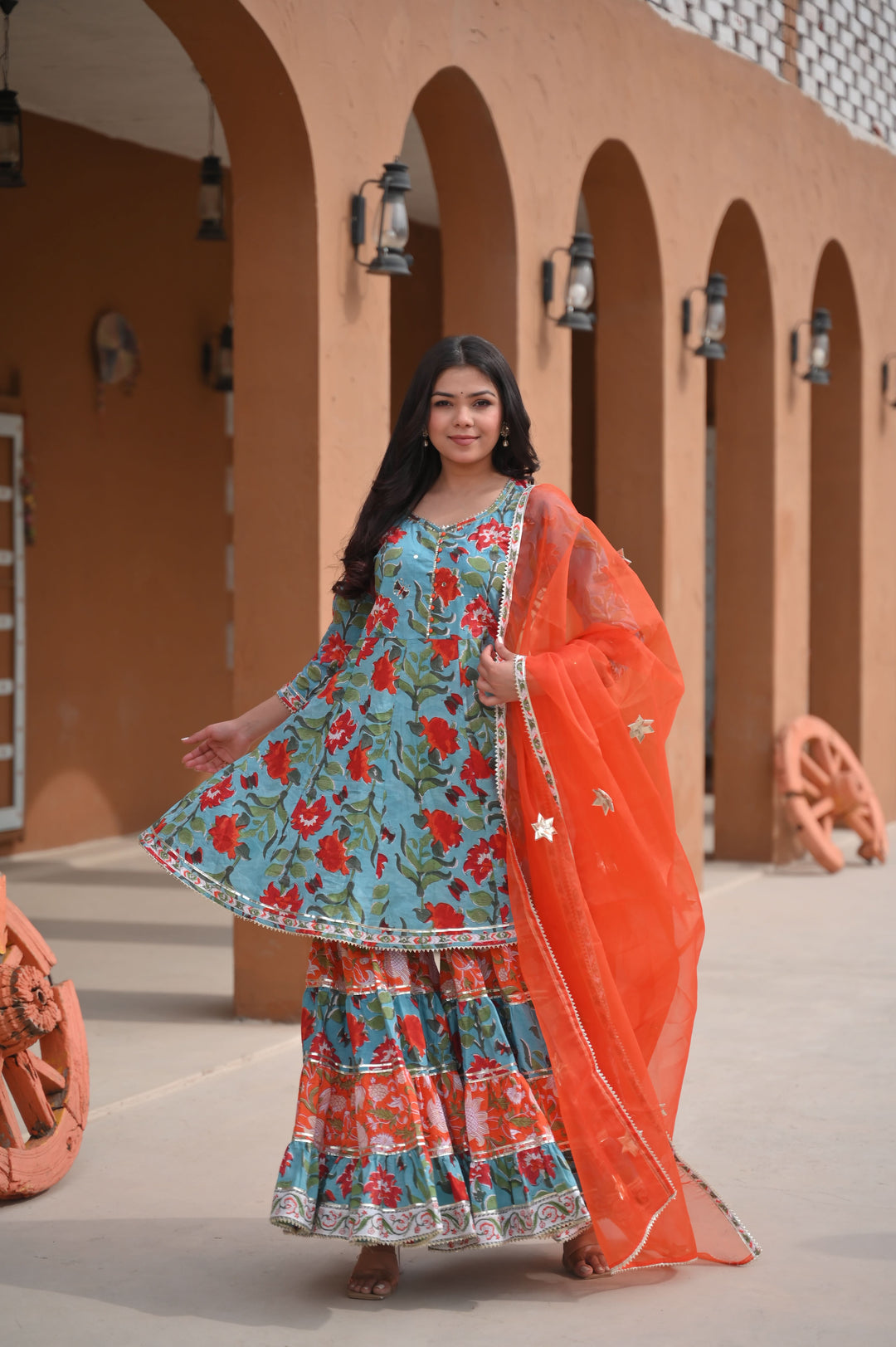 Firozi Papaya Kurti and Flair Sharara Cotton Set with Lace detailing border 3 PIece Set | Made To Order