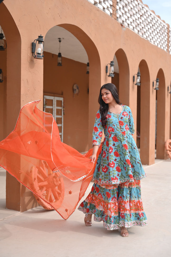 Firozi Papaya Kurti and Flair Sharara Cotton Set with Lace detailing border 3 PIece Set | Made To Order