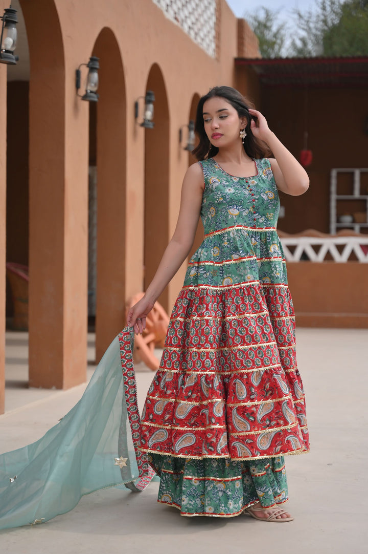 Veda Red Teal Kurta Gharara 3 piece set | Made To Order