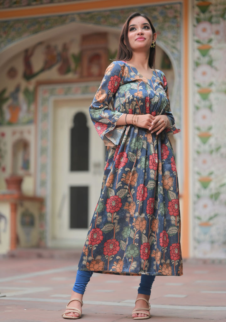 Neelam - Blue Kalamkari print fish tail yoke Kurti and Leggings - 2 piece set | Made To Order