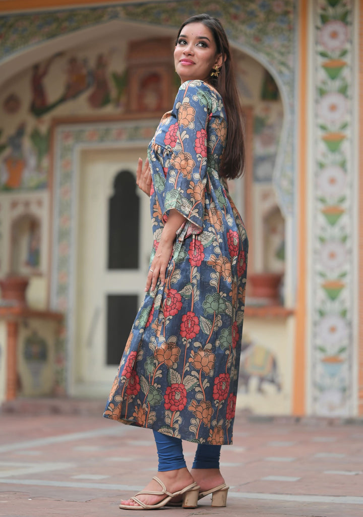 Neelam - Blue Kalamkari print fish tail yoke Kurti and Leggings - 2 piece set | Made To Order