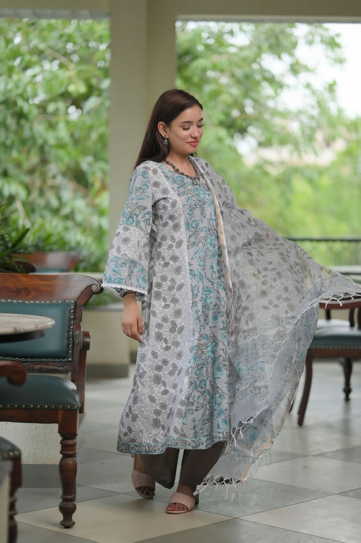 Gray Gardenia Suit with Kota Doria Dupatta 3 piece set | Made To Order