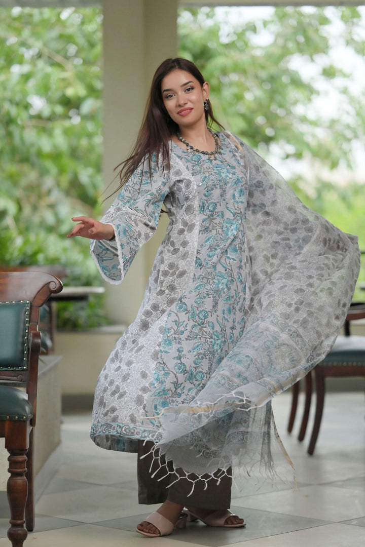 Gray Gardenia Suit with Kota Doria Dupatta 3 piece set | Made To Order