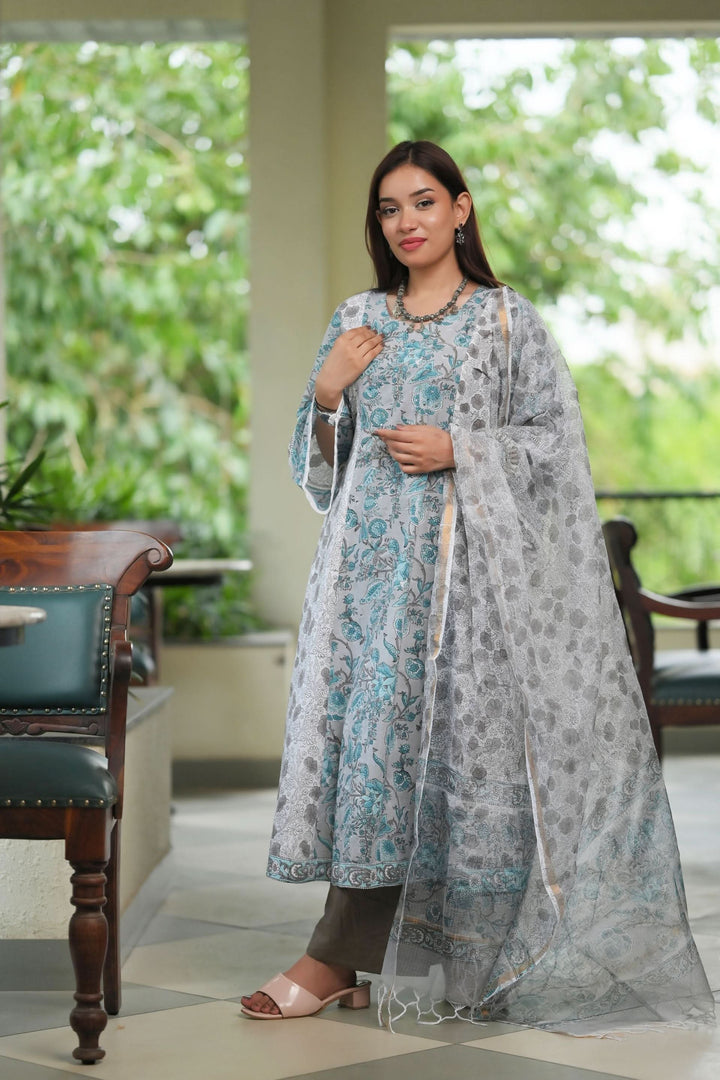 Gray Gardenia Suit with Kota Doria Dupatta 3 piece set | Made To Order