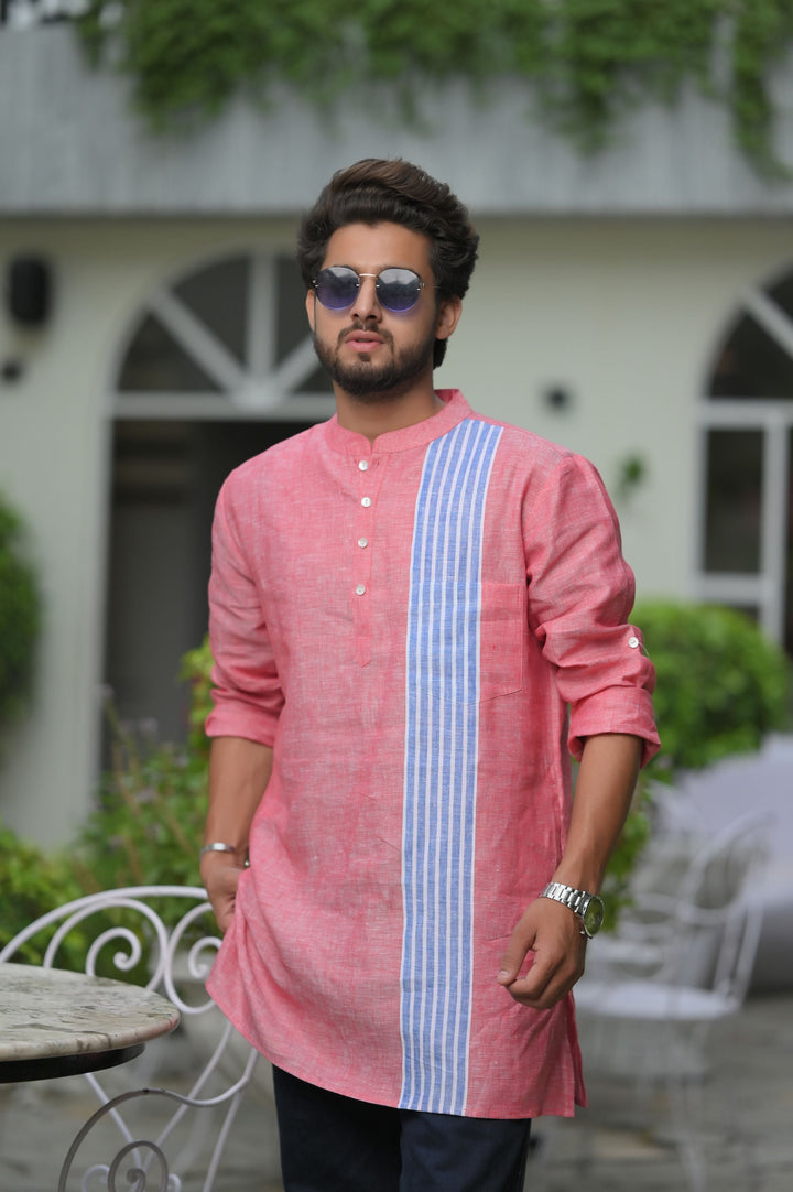Peachy Sky Blue Striped Panel  short Kurta for Men | Made to Order