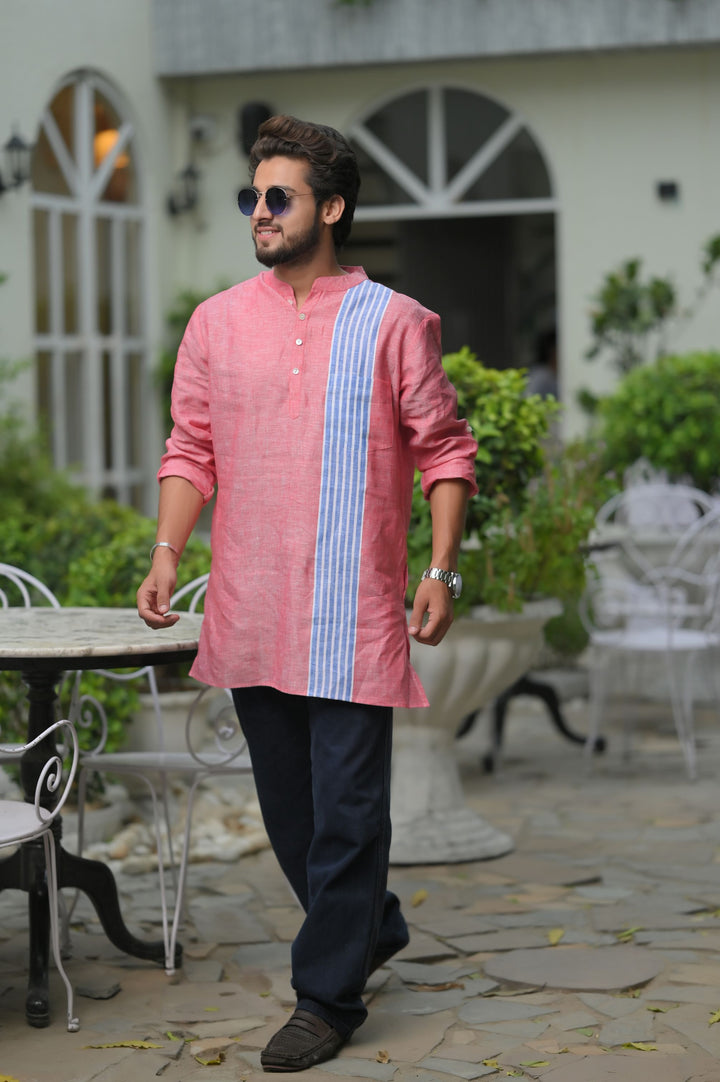 Peachy Sky Blue Striped Panel  short Kurta for Men | Made to Order