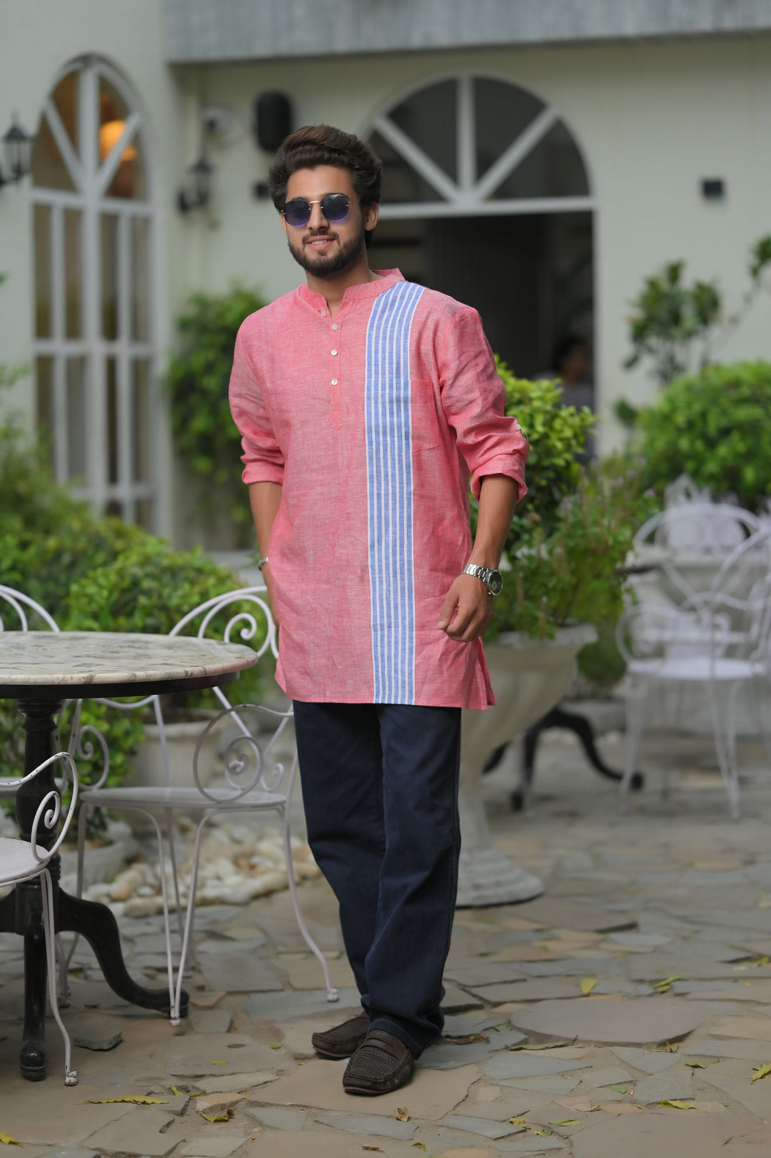 Peachy Sky Blue Striped Panel  short Kurta for Men | Made to Order