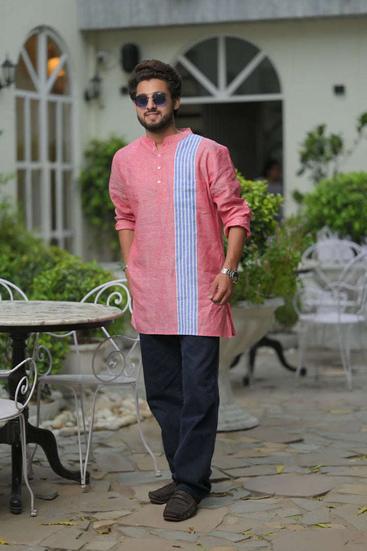 Peachy Sky Blue Striped Panel  short Kurta for Men | Made to Order
