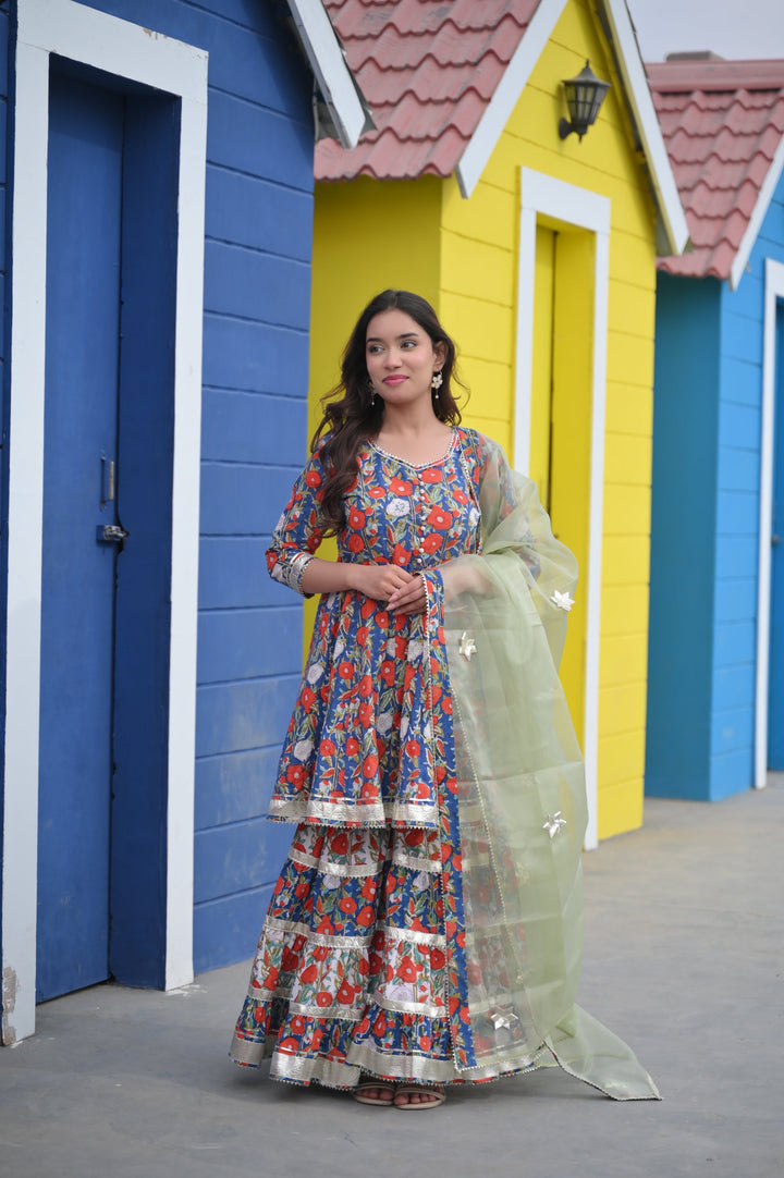 Neeli Floral Sharara Cotton Set with Lace detailing border, 3 piece set | Made To Order