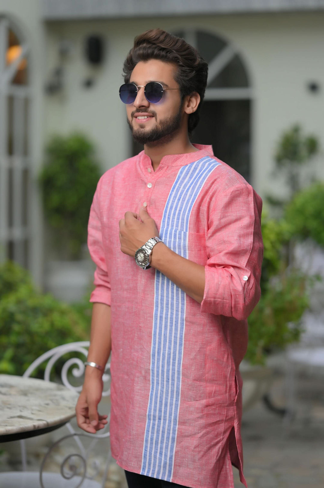 Peachy Sky Blue Striped Panel  short Kurta for Men | Made to Order
