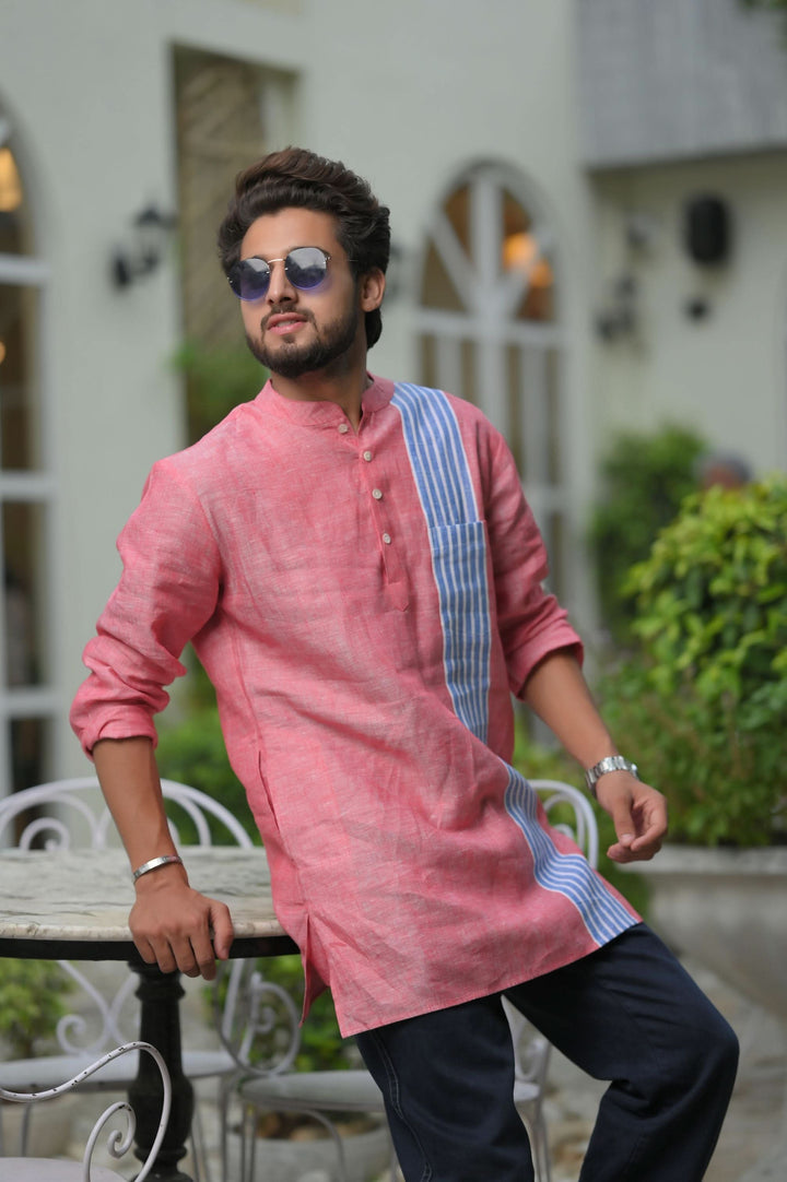 Peachy Sky Blue Striped Panel  short Kurta for Men | Made to Order