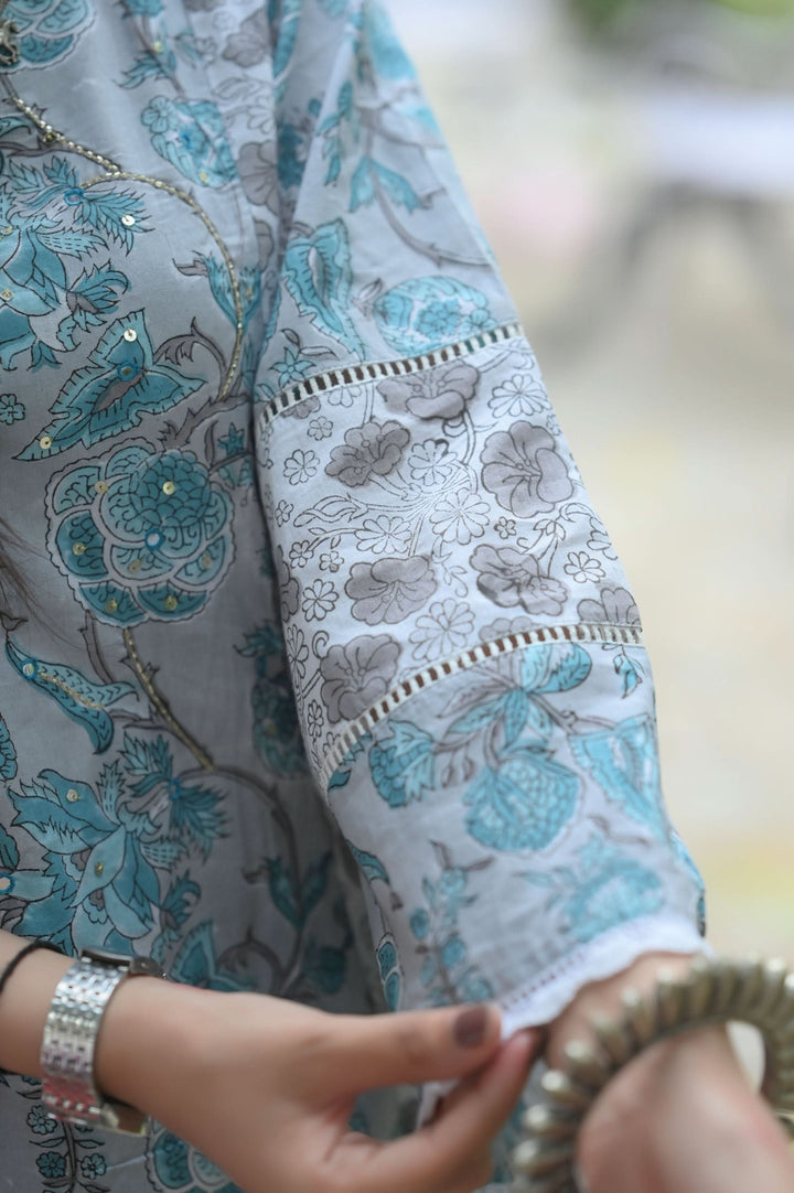 Gray Gardenia Suit with Kota Doria Dupatta 3 piece set | Made To Order