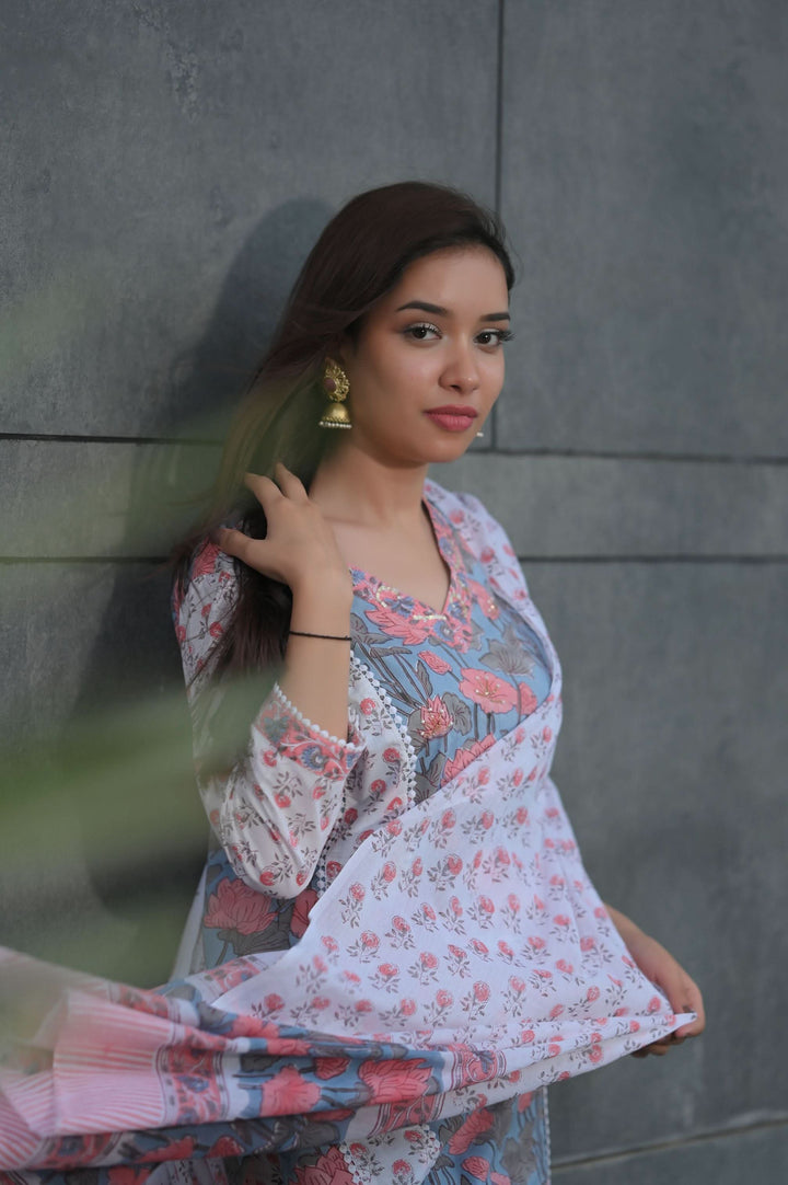 Peach Blue Suit with Kota Doria Dupatta 3piece set | Made To Order