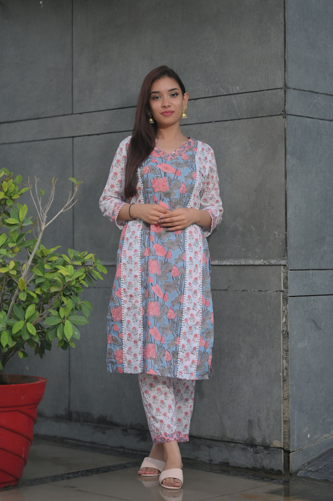 Peach Blue Suit with Kota Doria Dupatta 3piece set | Made To Order