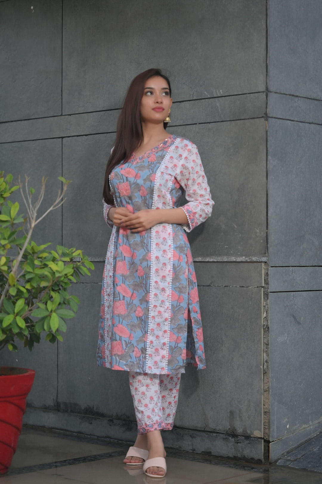 Peach Blue Suit with Kota Doria Dupatta 3piece set | Made To Order