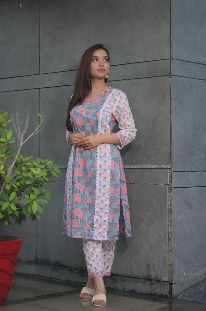 Peach Blue Suit with Kota Doria Dupatta 3piece set | Made To Order