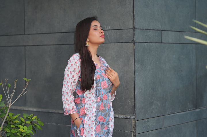 Peach Blue Suit with Kota Doria Dupatta 3piece set | Made To Order