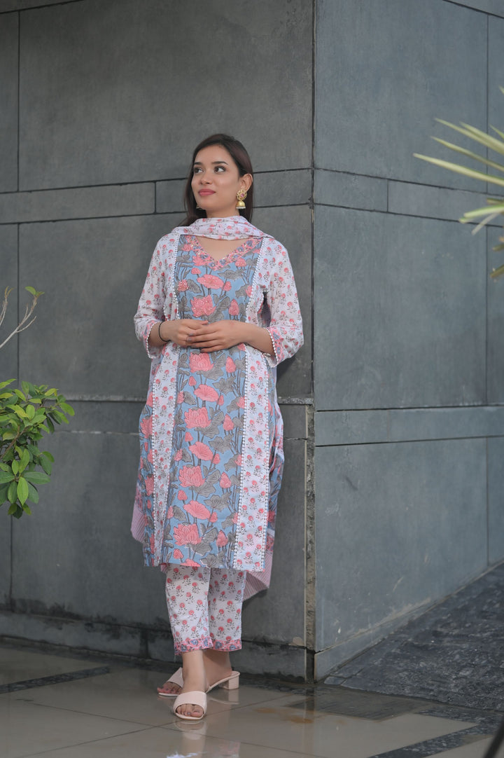 Peach Blue Suit with Kota Doria Dupatta 3piece set | Made To Order