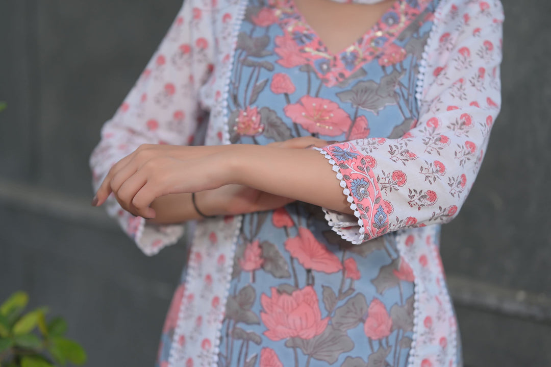 Peach Blue Suit with Kota Doria Dupatta 3piece set | Made To Order