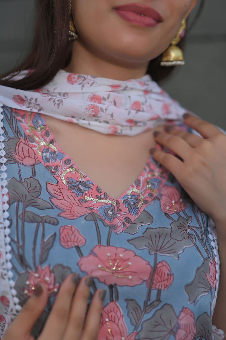 Peach Blue Suit with Kota Doria Dupatta 3piece set | Made To Order