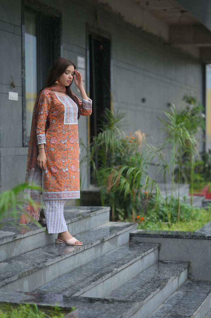 Tangerine Floral Suit with Kota Doria Dupatta | Made To Order