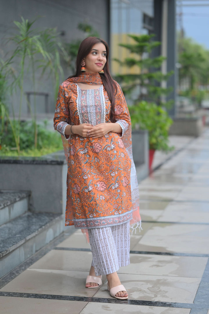 Tangerine Floral Suit with Kota Doria Dupatta | Made To Order
