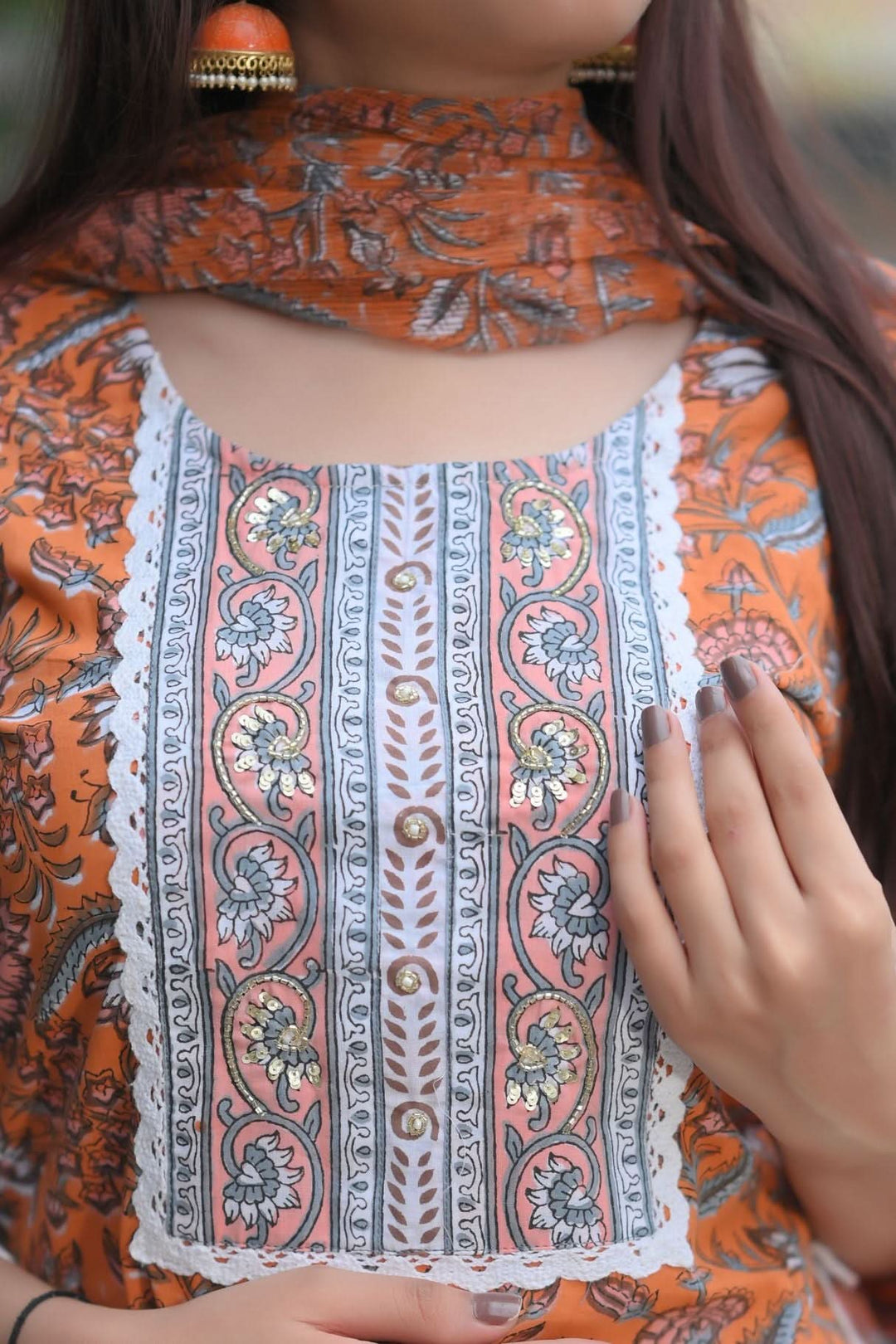 Tangerine Floral Suit with Kota Doria Dupatta | Made To Order