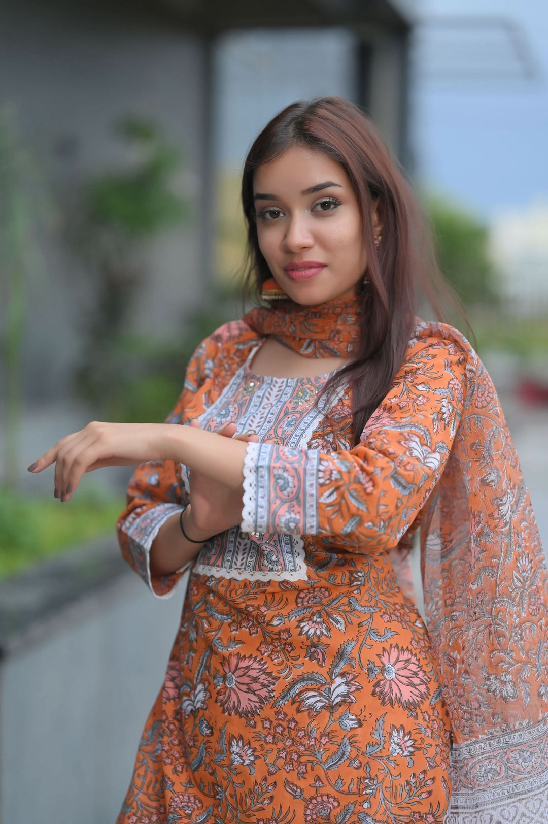 Tangerine Floral Suit with Kota Doria Dupatta | Made To Order